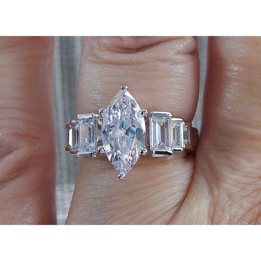 925 STERLING SILVER Marquise & Baguette Cubic Zirconia Ring - Picture 14 of 16